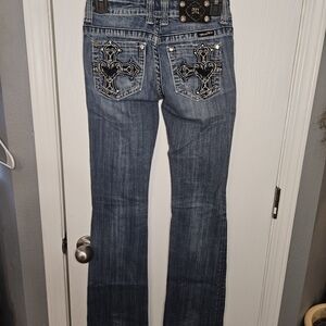Miss Me Blue Boot Cut Jeans with Embroidered Crosses With Heart